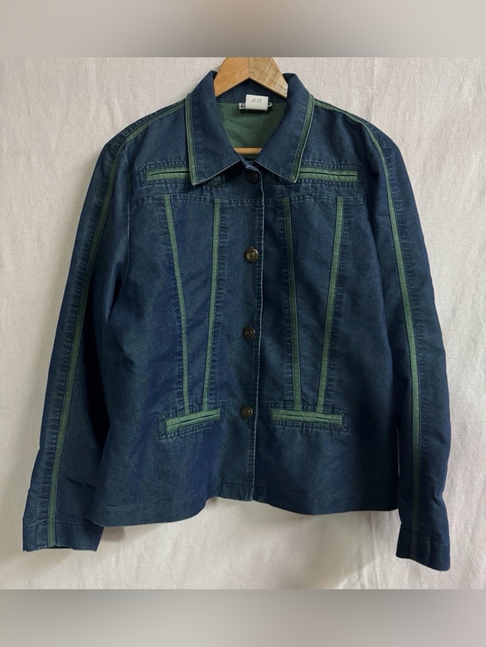 Vintage Saint Germain Paris Denim Jacket Large Green Piping 90s Y2K Made USA